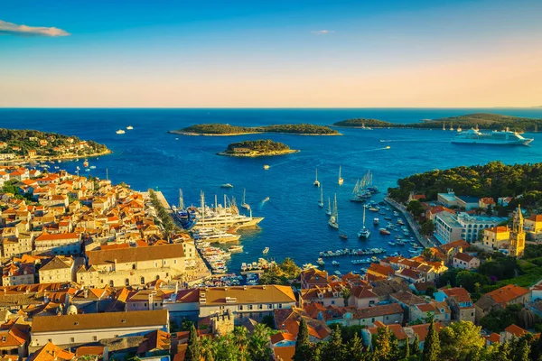 Admirable View Hill Spectacular Cityscape Fantastic Harbor Sunset Hvar Dalmatia — Stock Photo, Image