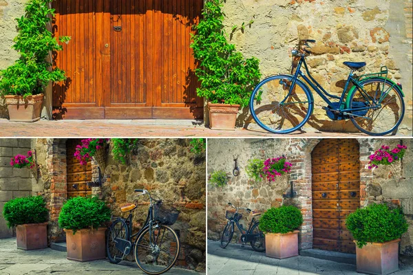 レトロな自転車や花のタスカン通りの概念のコラージュ イタリア ヨーロッパ — ストック写真