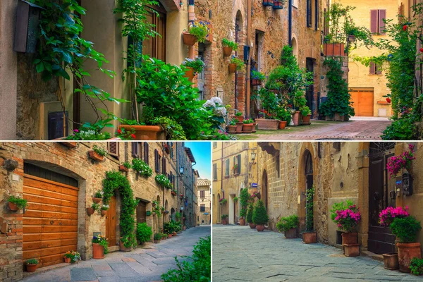 Geweldige Collage Van Versierde Straten Met Bloemen Toscane Fantastische Reisbestemmingen — Stockfoto