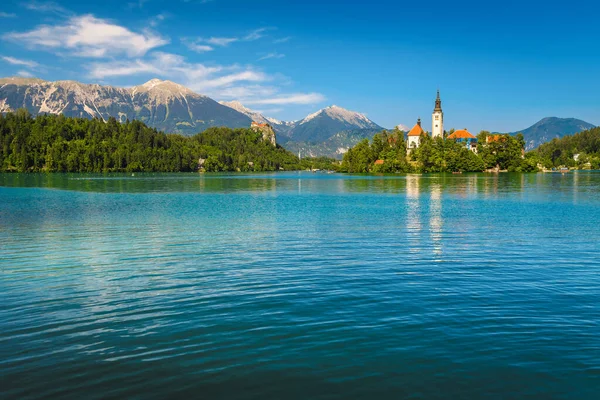 Vista Majestosa Com Pequena Ilha Castelo Famoso Penhasco Lago Bled — Fotografia de Stock