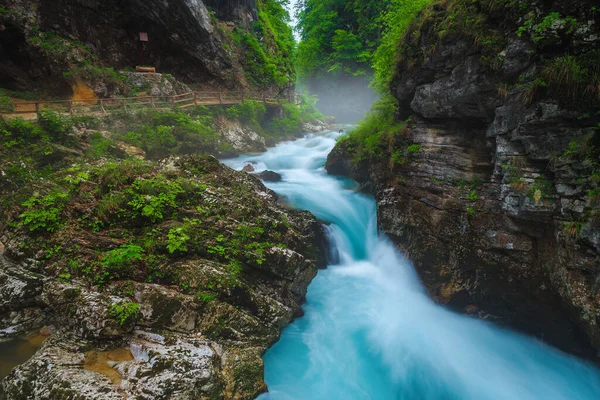 斯洛文尼亚 著名的深文采峡谷 岩石海岸上有瀑布和木制人行桥 — 图库照片