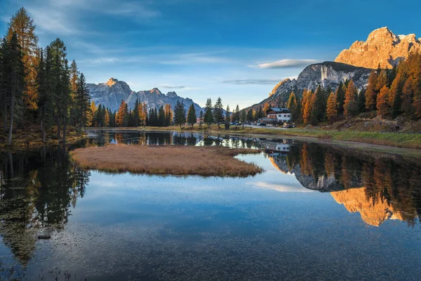 Majestuoso Paisaje Otoñal Del Amanecer Lago Montaña Coloridos Alerces Amanecer — Foto de Stock