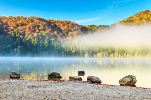 Bellissimo paesaggio autunnale nebbioso, Lago di Sant'Anna, Transilvania, Romania — Foto Stock