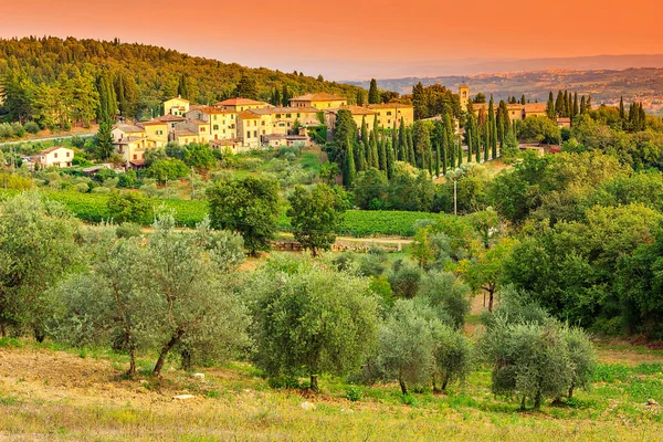 Paisaje toscano con ciudad y plantación de olivos en la colina — Foto de Stock