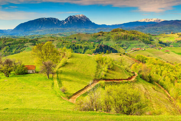 Spring landscape and rural village,Holbav,Transylvania,Romania,Europe