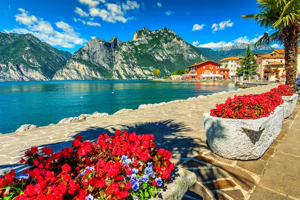 Röda blommor och strandpromenaden, Gardasjön, norra Italien, Europa — Stockfoto