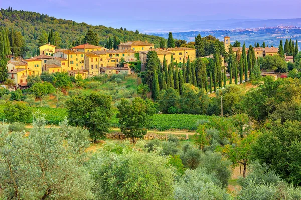 Тосканский пейзаж с городом и оливковыми плантациями на холме — стоковое фото