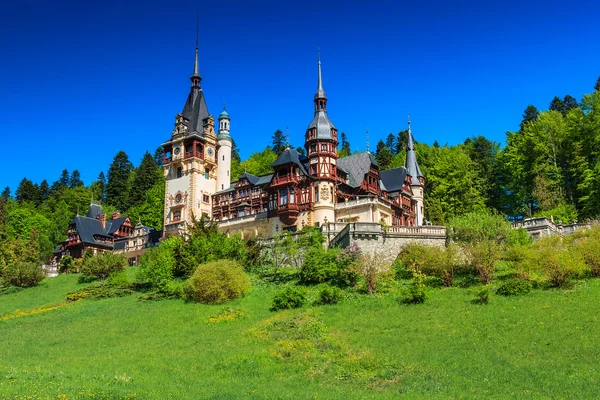 Fantastisk trädgård och Kungliga slottet Peles, Sinaia, Transsylvanien, Rumänien, Europa — Stockfoto