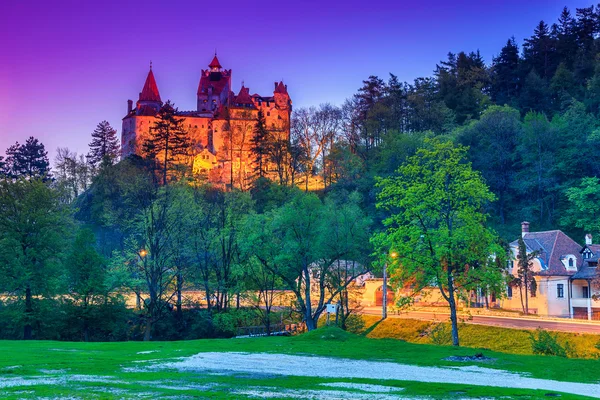 Vista nocturna del famoso castillo medieval de Drácula, salvado, Transilvania, Rumania —  Fotos de Stock