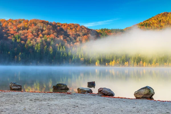 Impressionante paisagem nebulosa outono, Saint Anna Lake, Transilvânia, Roménia — Fotografia de Stock