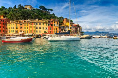Portofino panorama, lüks liman ve renkli evleri, Liguria, İtalya, Avrupa