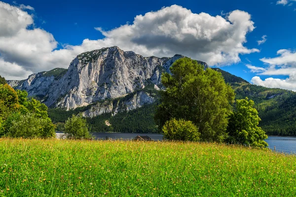Prachtige groene veld en alpine meer met bergen, Altaussee, Oostenrijk — Stockfoto