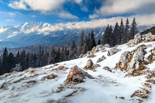 Paisagem de inverno e altas montanhas nevadas, Cárpatos, Romênia, Europa — Fotografia de Stock