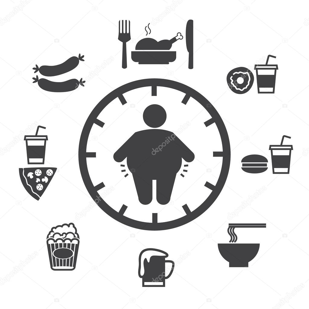 Concept of obesity caused by food and drink, Vector icons