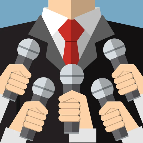 Conferência de imprensa com microfones de mídia — Vetor de Stock