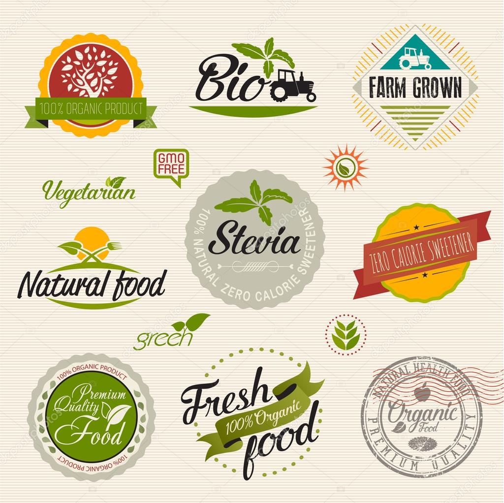 Stevia and Organic food label Set. Farm Fresh label and Logo element.  Organic, bio, ecology natural design template. Easy editable for Your design. Retro logotype icon.