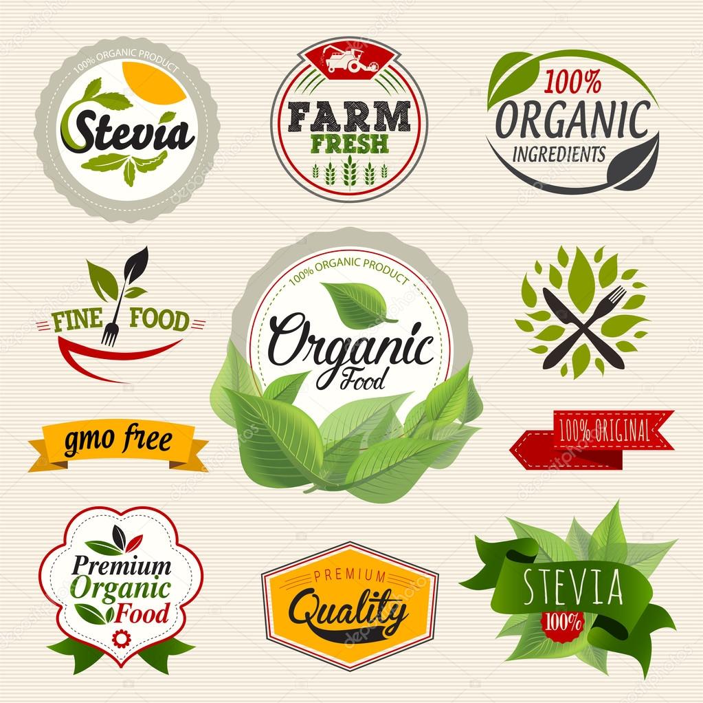 Stevia and Organic food label Set. Farm Fresh label and Logo element.  Organic, bio, ecology natural design template. Easy editable for Your design. Retro logotype icon.