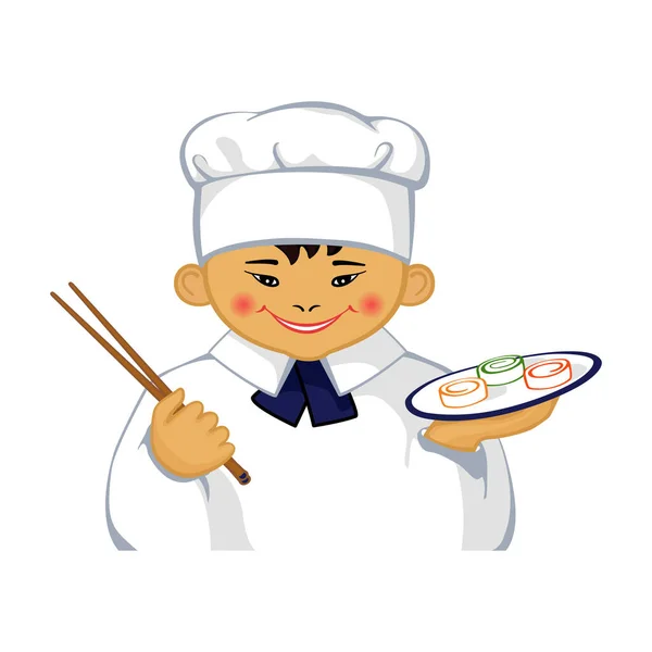 Sourire Dessin Animé Asiatique Petit Chef Avec Des Sushis Logo — Image vectorielle