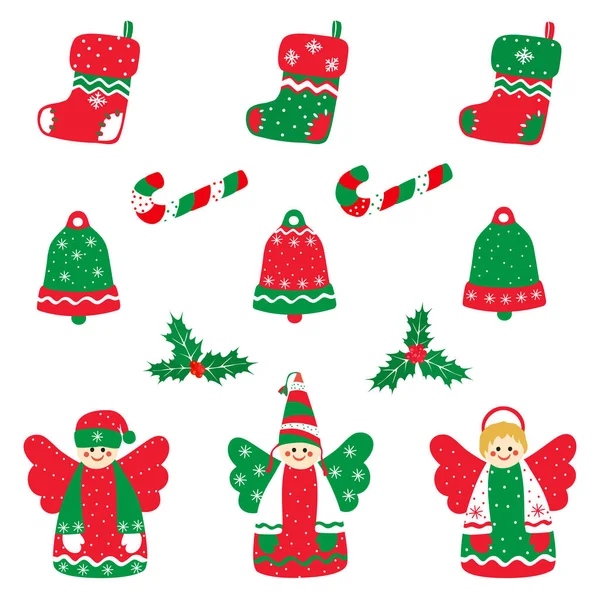 Natale Capodanno Simboli Oggetti Colori Tradizionali Set Icone Vettoriali Disegni — Vettoriale Stock