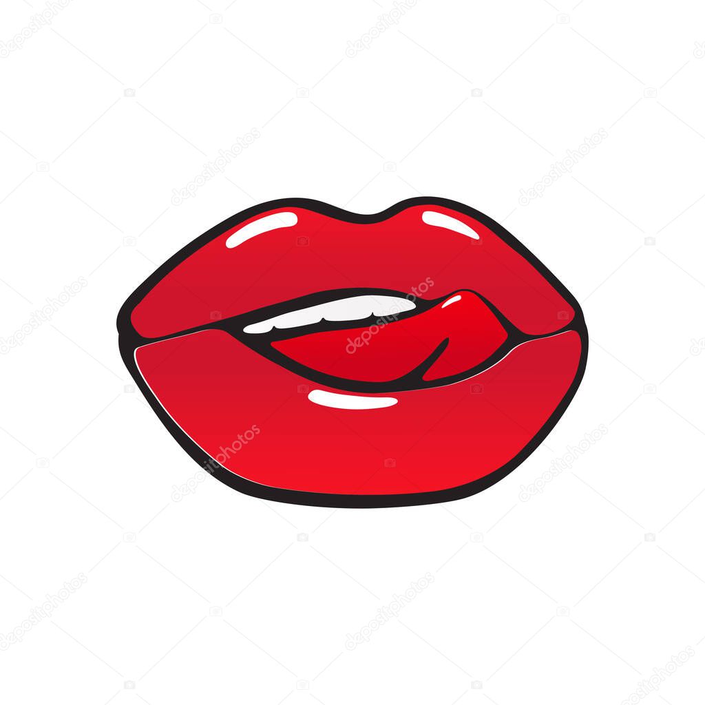 Red bitten and licked lips. Color icon in cartoon style isolated on white background.