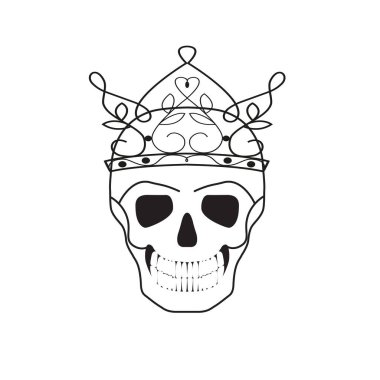 Taç giymiş bir kafatası. Beyaz arkaplanda izole edilmiş doğrusal vektör çizimi.