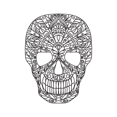 Kafatası. Beyaz arkaplanda izole edilmiş karalama biçiminde siyah çizgi vektör çizimi.