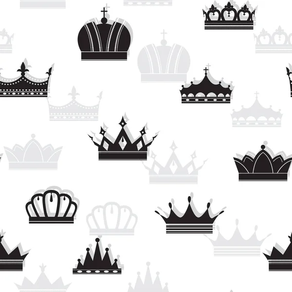 王冠だ ヴィンテージクラウンのシャドウシルエットを散りばめたシームレスなパターン 白い背景にベクトル黒のアイコン — ストックベクタ