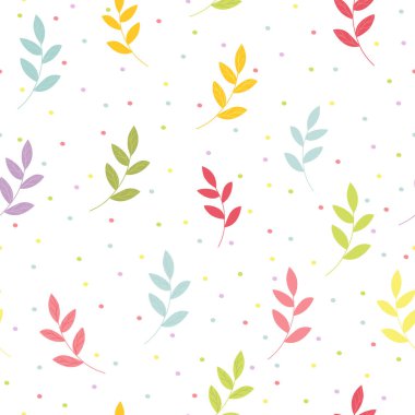 Yaprakları ve noktaları olan saf dallar. Beyaz arkaplanda pastel renklerde vektör pürüzsüz desen.