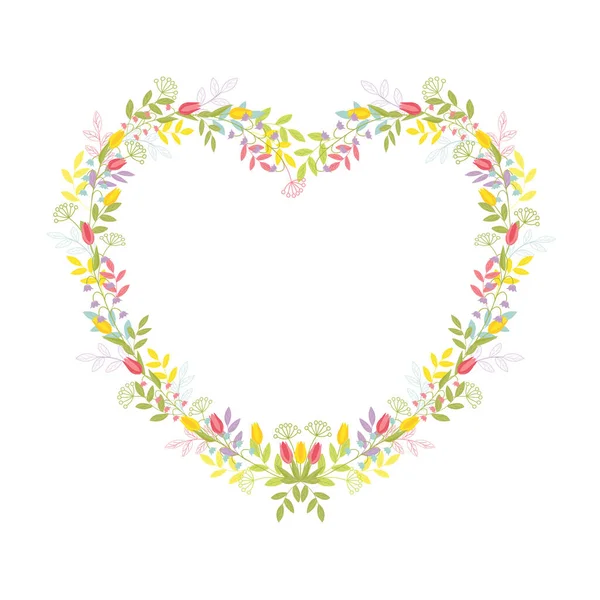 Frame Shape Heart Variety Flowers Herbs Twigs Leaves Vector Color — Stock Vector