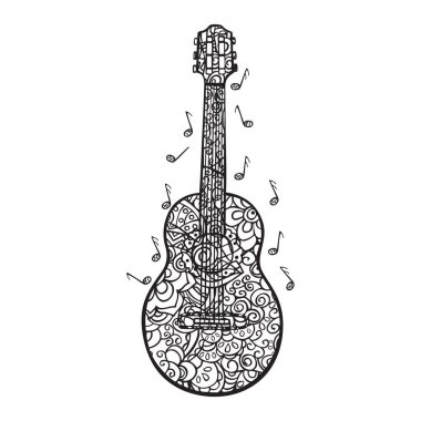 Çizgi film Gitarı. Beyaz arkaplanda izole edilmiş karalama tarzında vektör doğrusal illüstrasyon. Renk sayfası.
