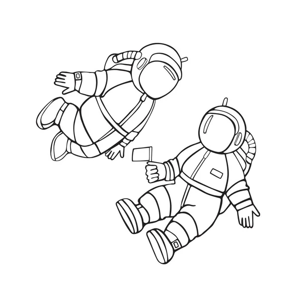 Dos Hijos Astronauta Dibujos Animados Vector Lineal Mano Dibujo Iconos — Archivo Imágenes Vectoriales