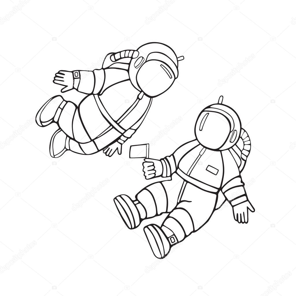 Two children of an astronaut. Cartoon linear vector hand drawing icons isolated on white background.