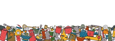 Yemek ve mutfak gereçleri. Menü, yemek kitabı, kart, poster tasarımları için renkli çizgi film afişi. Beyaz arkaplanda izole edilmiş el çizimi vektör çizimi.