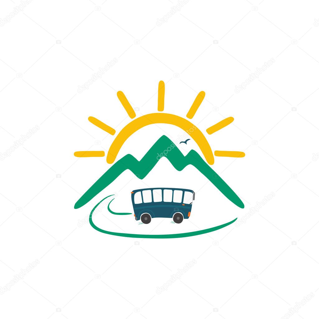 Tourist bus against the backdrop of mountains and sun. Vector colorful logo in cartoon style isolated on white background.
