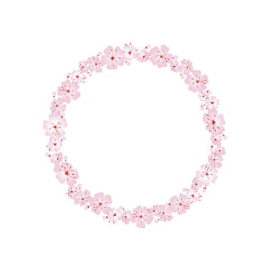 Çiçekli kirazlı sakura. Beyaz arkaplanda yuvarlak çiçek gradyan çerçeve izole vektör çizimi.