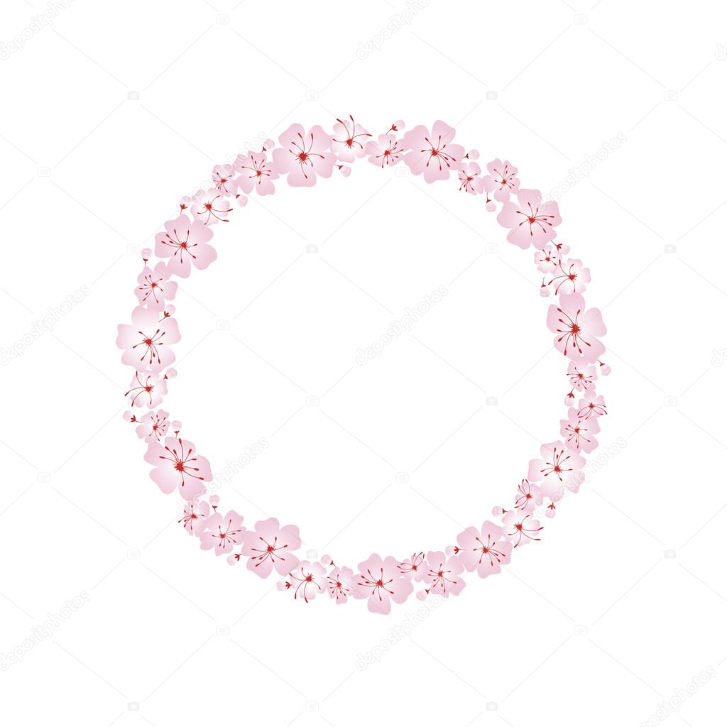Blooming cherry sakura. Round floral gradient frame isolated vector illustration on white background.