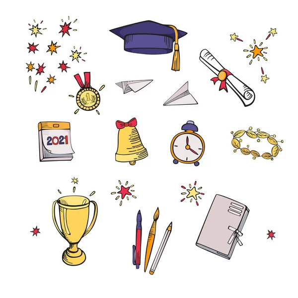 Graduado Educación Vector Iconos Conjunto Mano Dawing Ilustración Colorida Dibujos — Archivo Imágenes Vectoriales