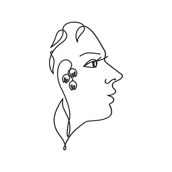 具有花卉装饰元素的女性脸型的线形矢量图解 白色背景上孤立的黑手绘图 — 图库矢量图片