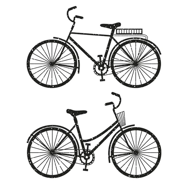 Two Bicycles Men Women Set Vector Monochrome Shabby Texture Illustration — Stock Vector