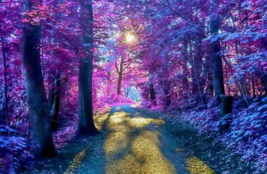 Kırsal bir manzaranın güzel pembe ve mor kızılötesi manzarası mavi gökyüzü.