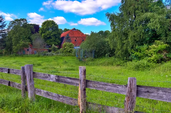 Beautiful Wooden Horse Fence Agricultural Field Sunny Day — Stock Photo, Image