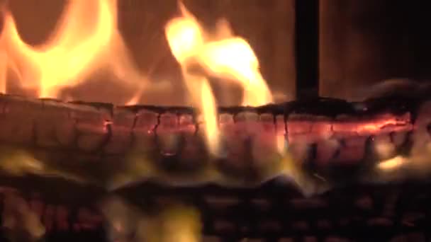 在近景中 温暖舒适的炉火燃烧着橙色的炉火 — 图库视频影像
