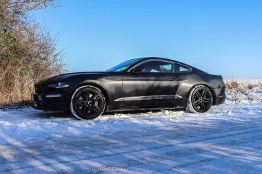 Güneşli bir günde Almanya 'da bir kış manzarasının önündeki siyah Ford Mustand spor arabası