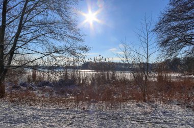 Güneşli bir günde Kuzey Avrupa 'da donmuş göl manzarası karla kaplıydı