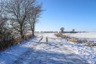 Almanya 'da güneşli bir günde yol karla kaplıydı.
