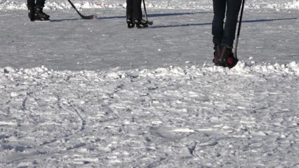 Patinadores Hóquei Gelo Lago Congelado Com Muitas Pistas Gelo — Vídeo de Stock