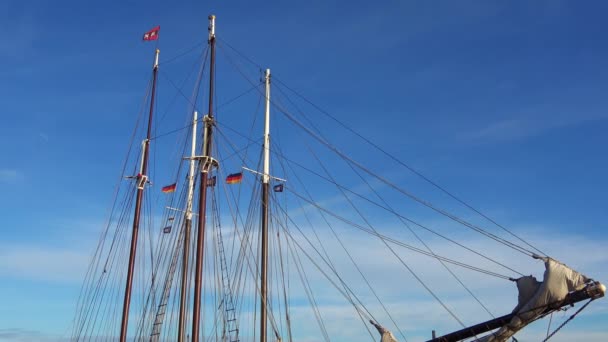 Masts Sailing Boats Moving Slowly Wind Front Blue Sky Kiels — Stock Video