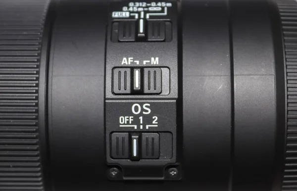 Vista Perto Interruptor Focagem Automática Objetivo Câmera Dslr — Fotografia de Stock