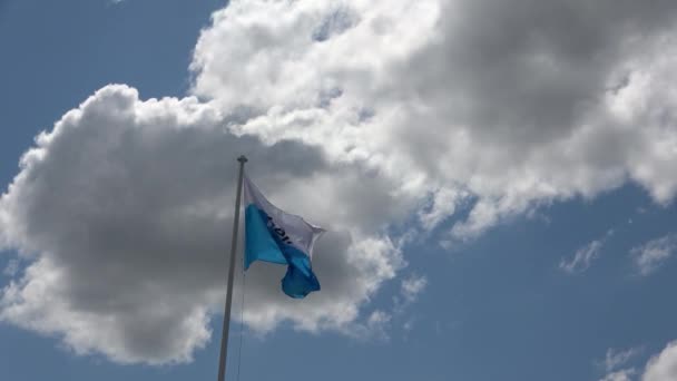 雲のある青空に向かって風に揺れるブルーキールの旗 — ストック動画