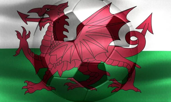 Wales Vlajka Fotbalovým Míčem Pohybující Větru — Stock fotografie